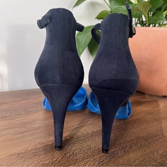 Zara Two-Tone Suede Ankle Strap Pointy Toe 3” Blue Heels - Picture 5 of 8